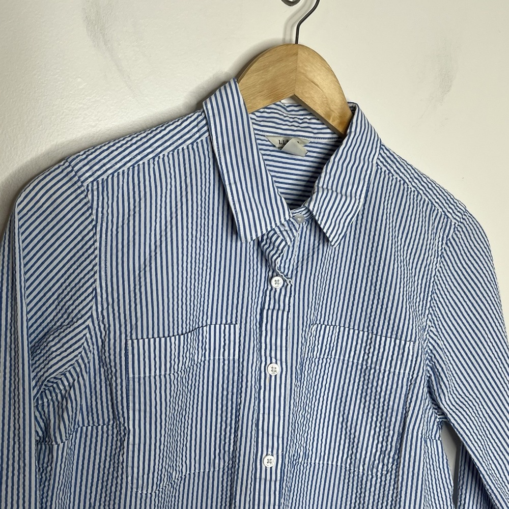LL Bean Seersucker Striped Shirt Blue Womens Small Preppy Nautical Fisherman - Picture 2 of 7